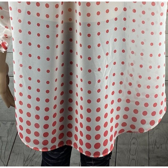 I.N. Studio Blouse XL Sheer White Pink Polka Dot Roll Tab Sleeves - Picture 11 of 12